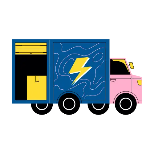 A colorful truck with a pink cab, blue cargo area, and a yellow lightning bolt on its side.